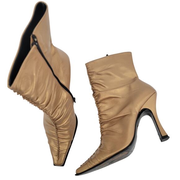 bebe Size 6.5 Slouchy Boots Gold Pointed Snip Toe High Heels Womens Mid Calf - Picture 2 of 10